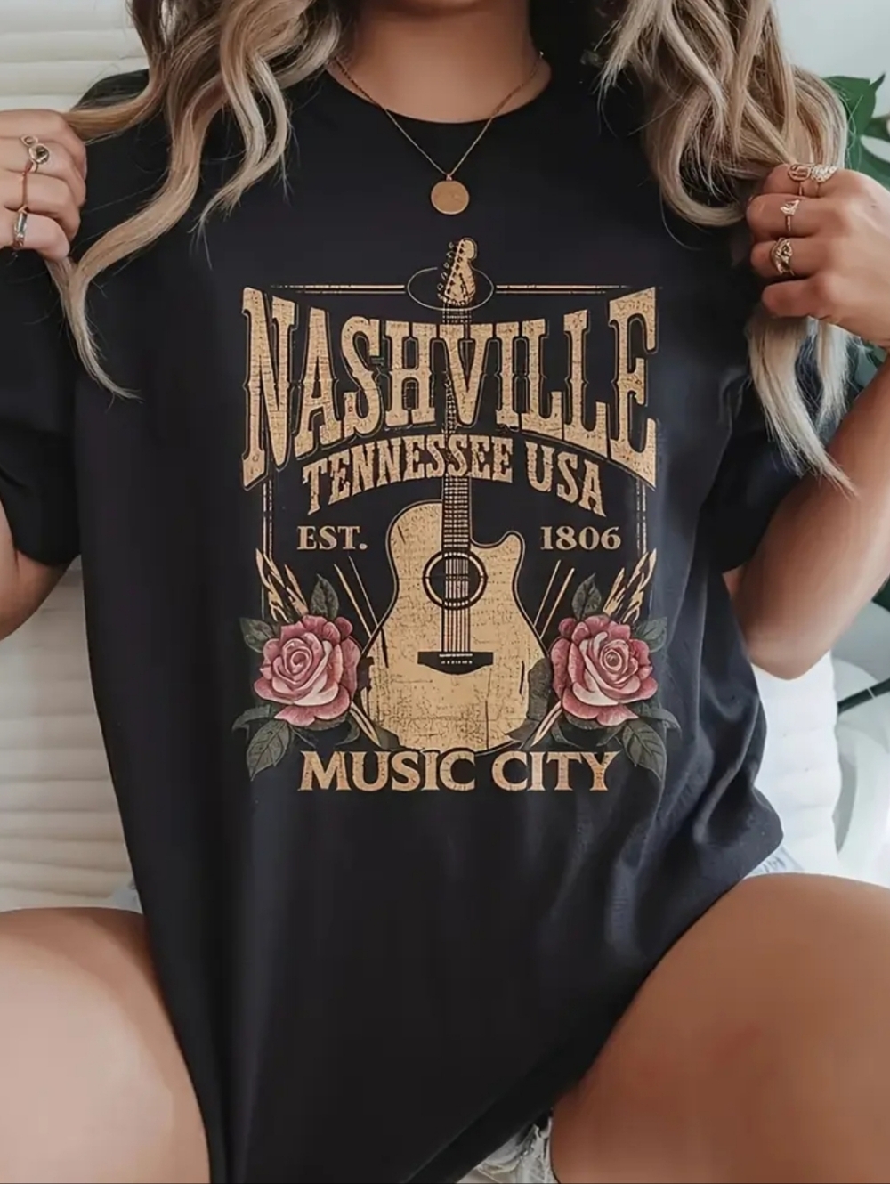 Nashville Music City Graphic Tee - Vintage Gray with Pink Accents